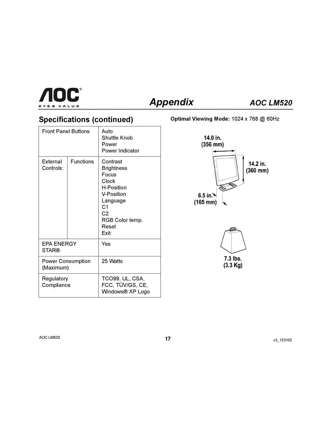 AOC LM520 user manual Optimal Viewing Mode 1024 x 768 @ 60Hz 