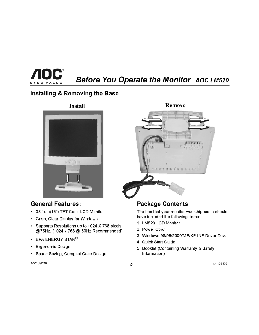 AOC user manual Before You Operate the Monitor AOC LM520, EPA Energy Star 