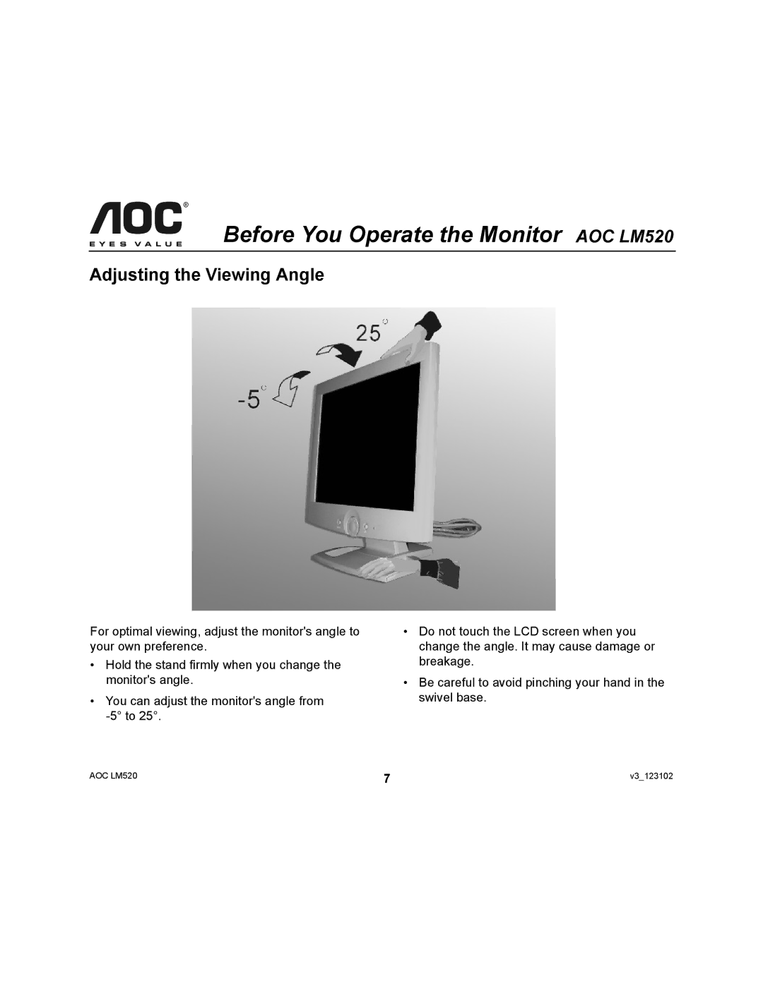 AOC LM520 user manual Adjusting the Viewing Angle 