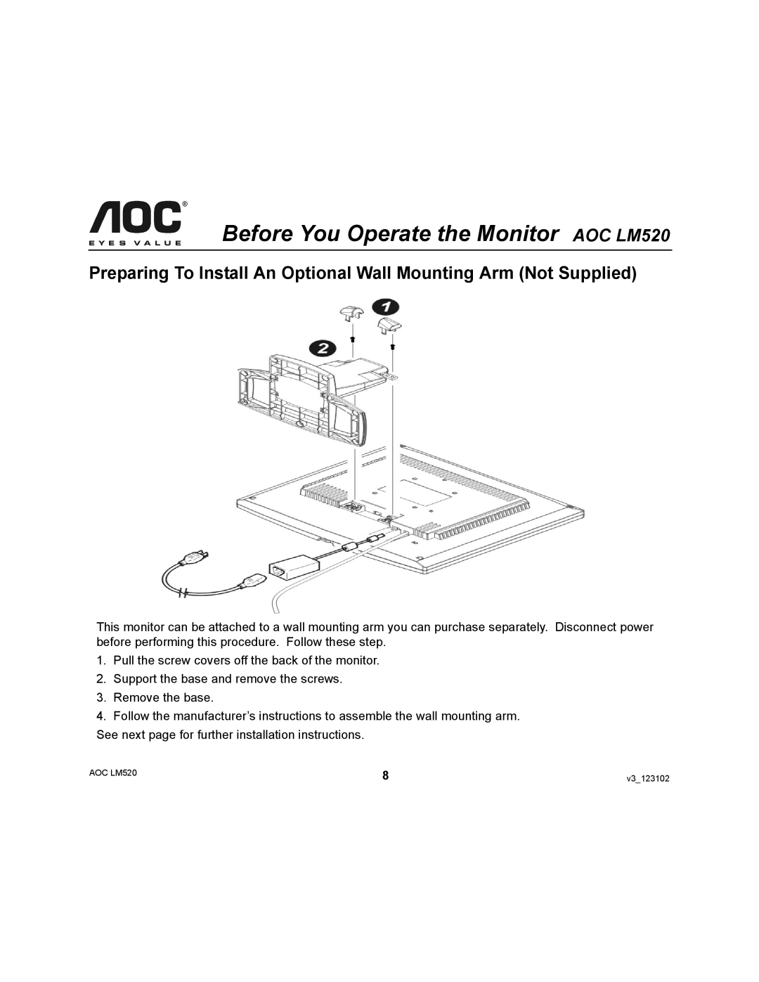 AOC user manual Before You Operate the Monitor AOC LM520 