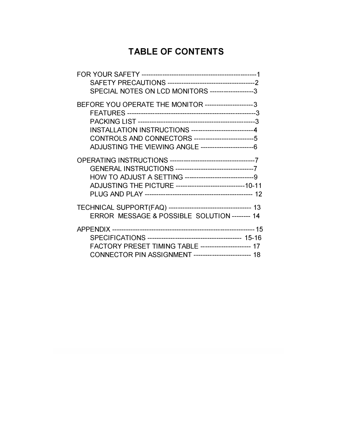 AOC LM560/s manual Table of Contents 