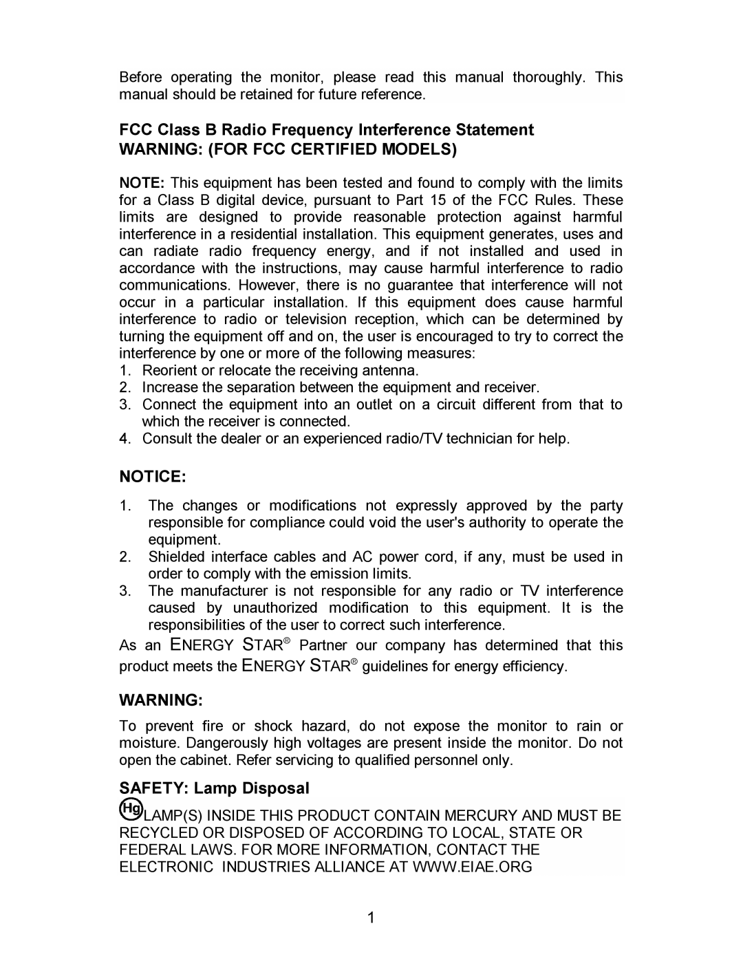 AOC LM560/s manual FCC Class B Radio Frequency Interference Statement, Safety Lamp Disposal 