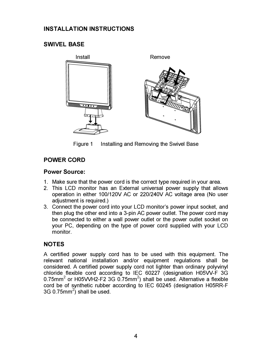 AOC LM560/s manual Installation Instructions Swivel Base, Power Cord, Power Source 