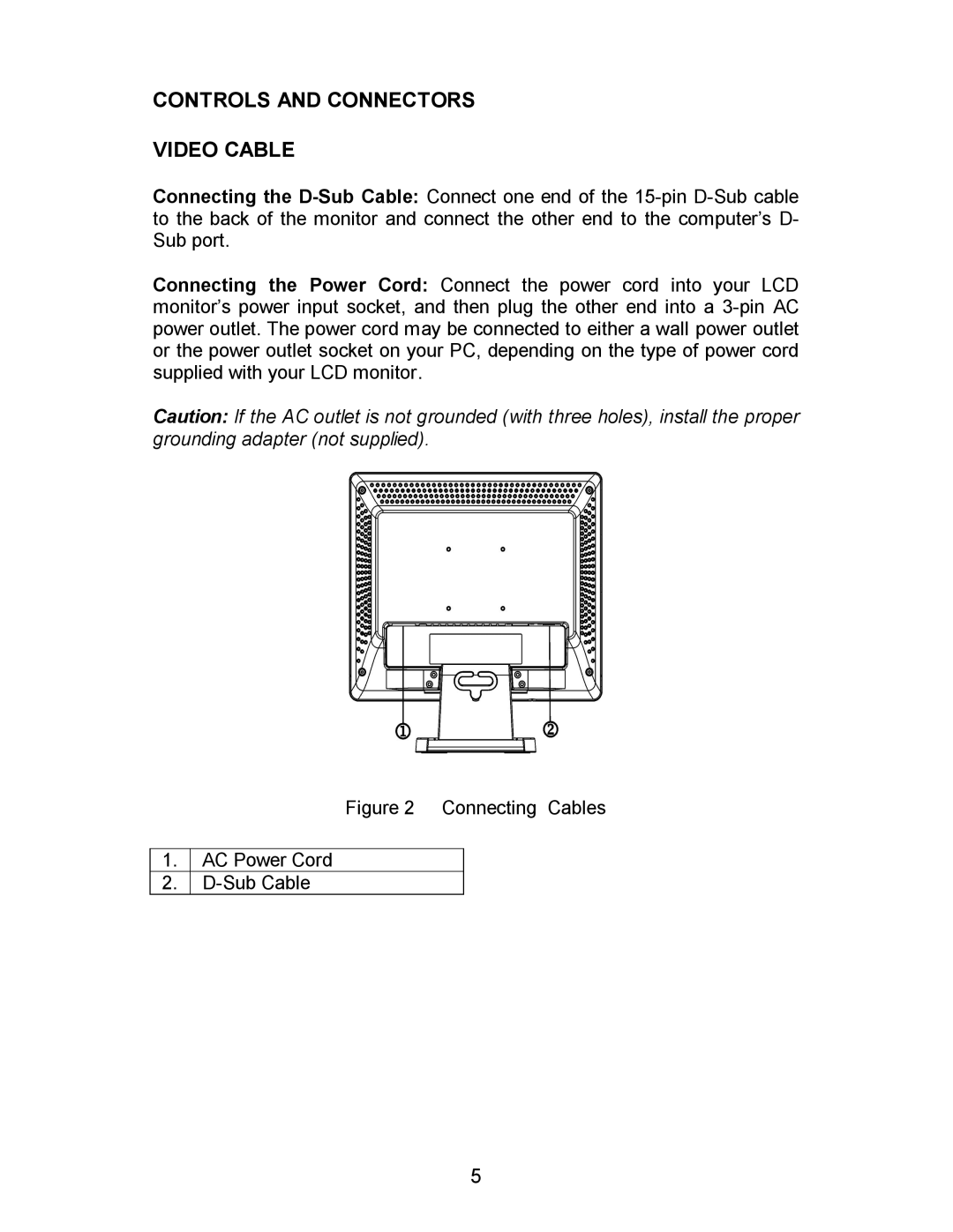 AOC LM560/s manual Controls and Connectors Video Cable, Connecting Cables AC Power Cord Sub Cable 