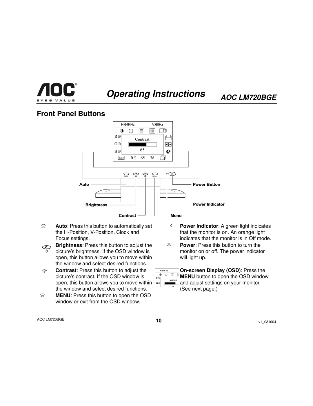 AOC LM720BGE user manual Operating Instructions, Front Panel Buttons 