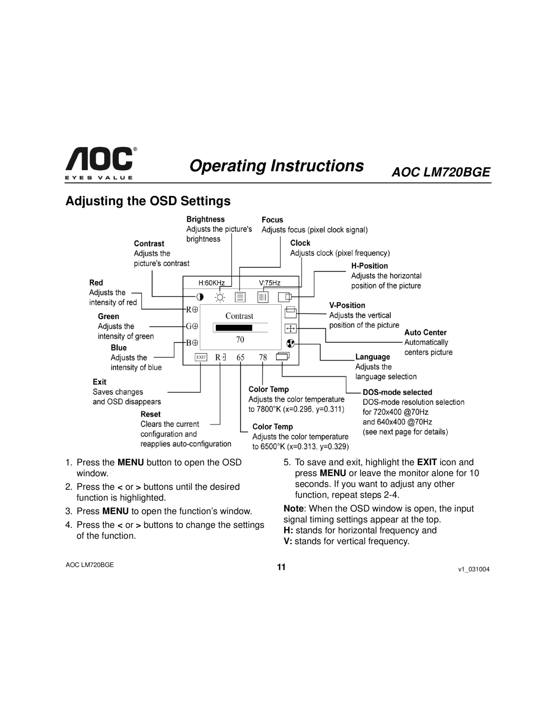 AOC LM720BGE user manual Adjusting the OSD Settings 