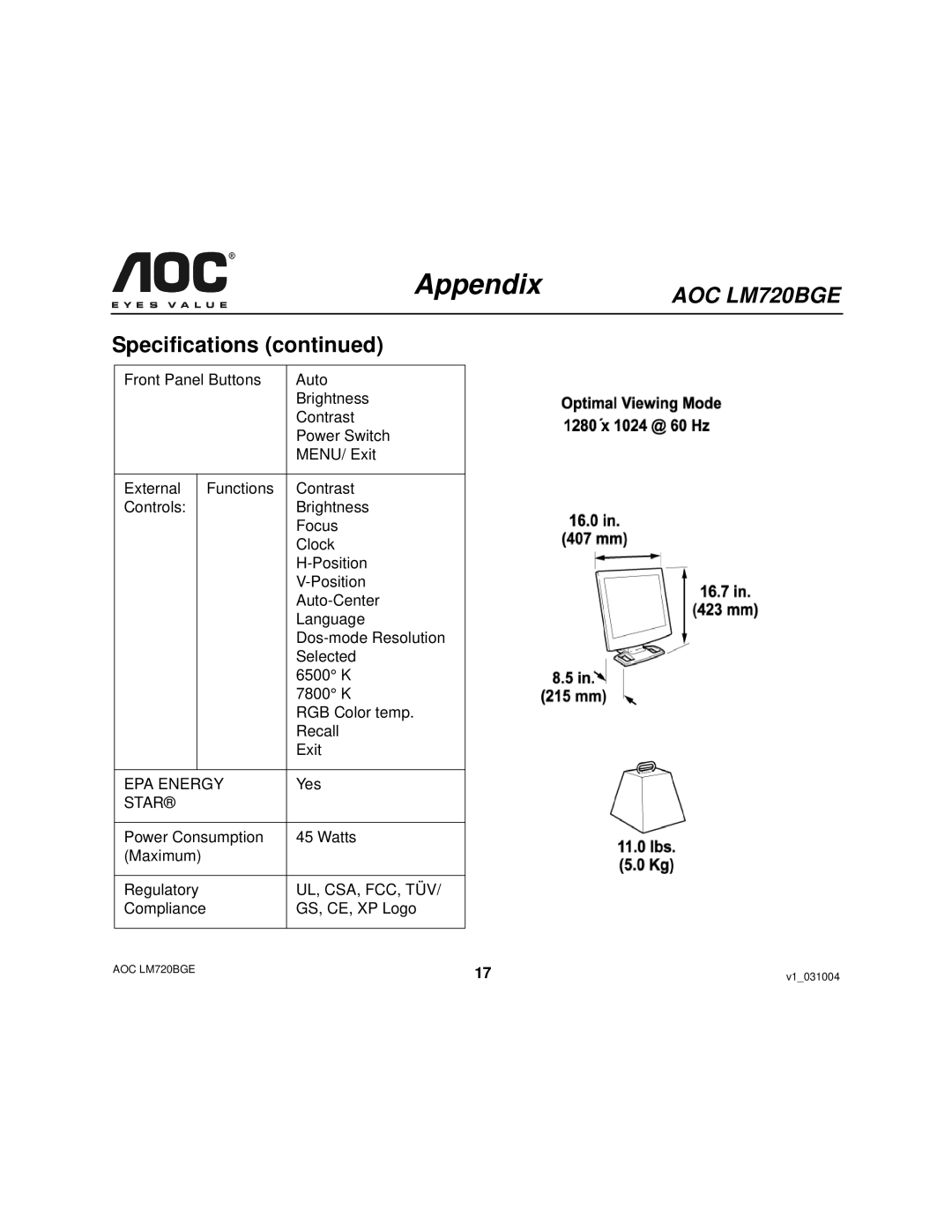 AOC LM720BGE user manual EPA Energy 