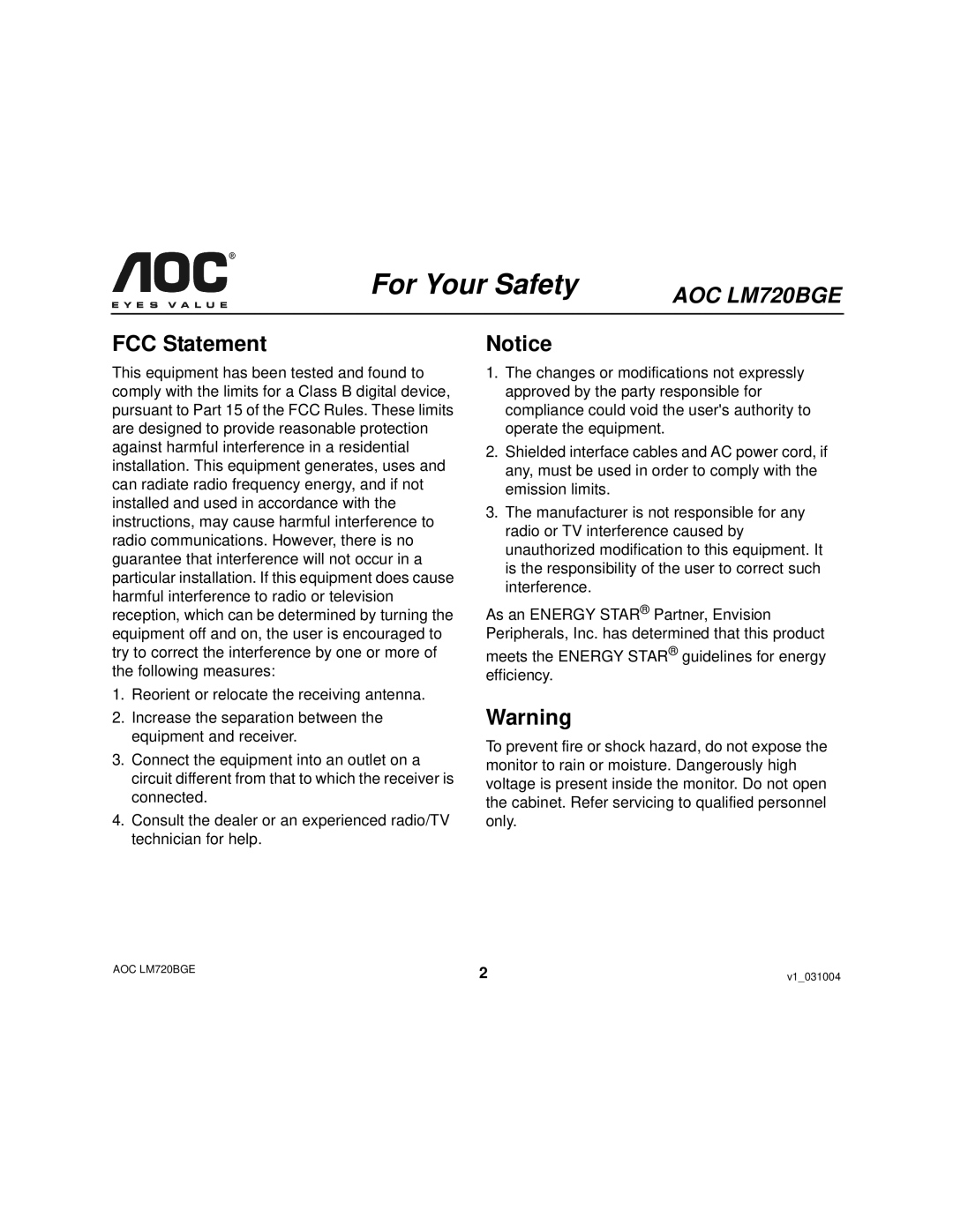 AOC LM720BGE user manual For Your Safety, FCC Statement 