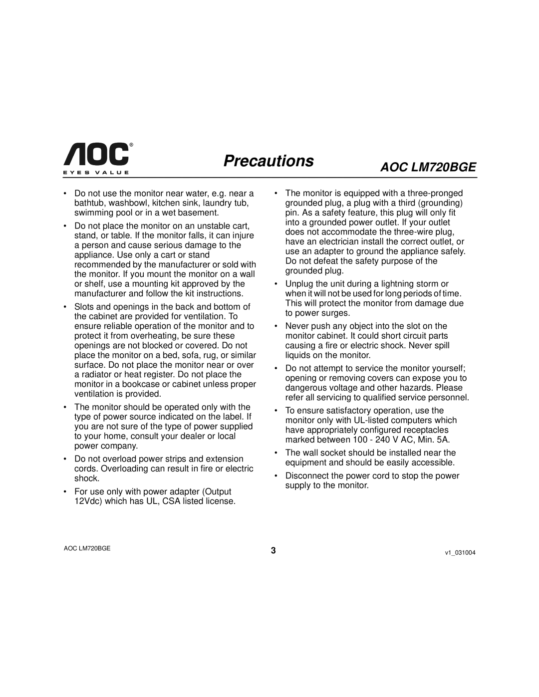 AOC LM720BGE user manual Precautions 