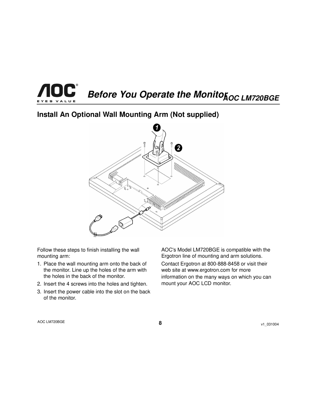 AOC LM720BGE user manual Install An Optional Wall Mounting Arm Not supplied 