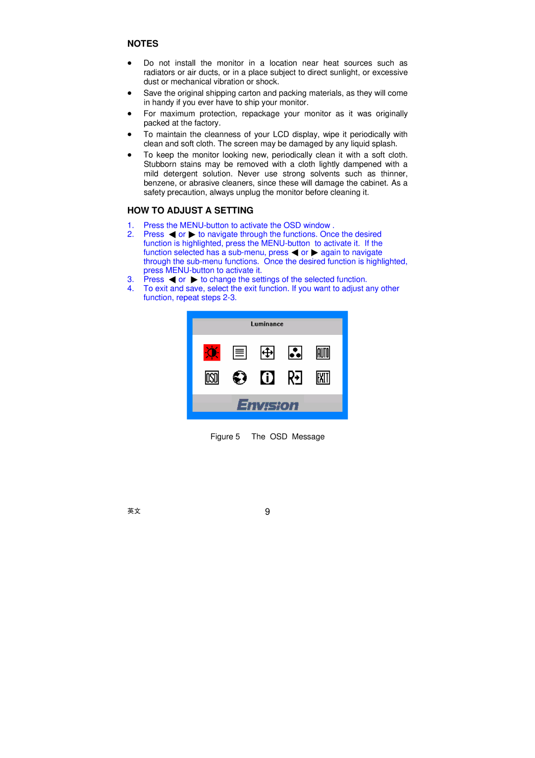 AOC LM722 installation instructions HOW to Adjust a Setting, OSD Message 