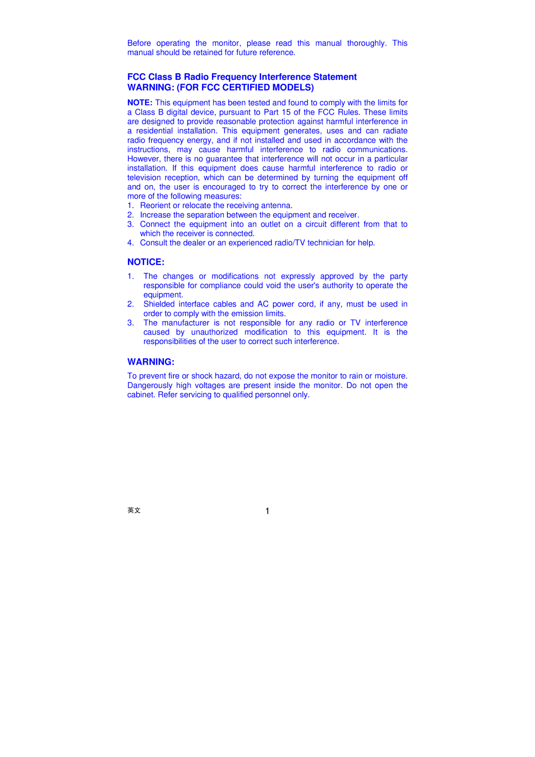 AOC LM722 installation instructions FCC Class B Radio Frequency Interference Statement 