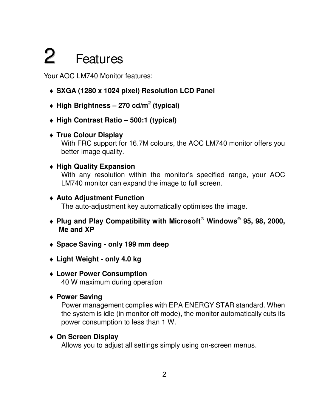 AOC LM740 user manual High Quality Expansion, Auto Adjustment Function, Power Saving, On Screen Display 