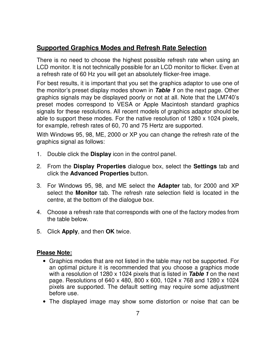 AOC LM740 user manual Supported Graphics Modes and Refresh Rate Selection, Please Note 