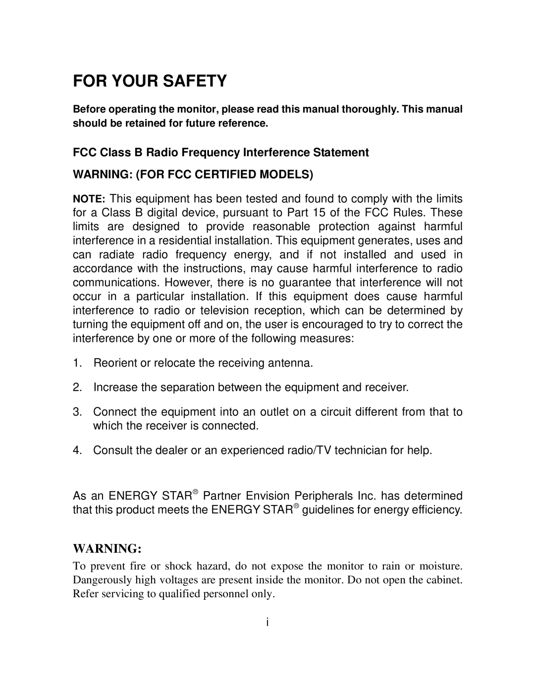 AOC LM740 user manual For Your Safety, FCC Class B Radio Frequency Interference Statement 