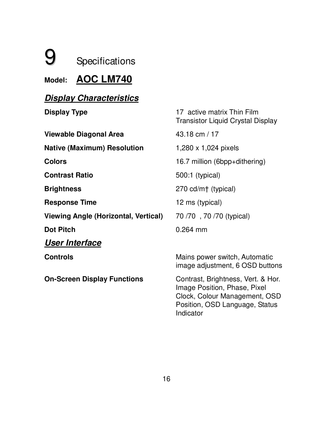 AOC LM740 Model, Controls Mains power switch, Automatic, On-Screen Display Functions, Image Position, Phase, Pixel 