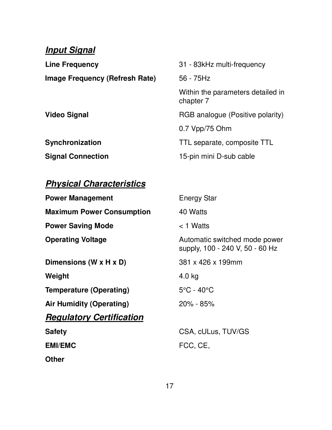 AOC LM740 user manual Line Frequency, Image Frequency Refresh Rate, Video Signal, Synchronization, Signal Connection, Other 