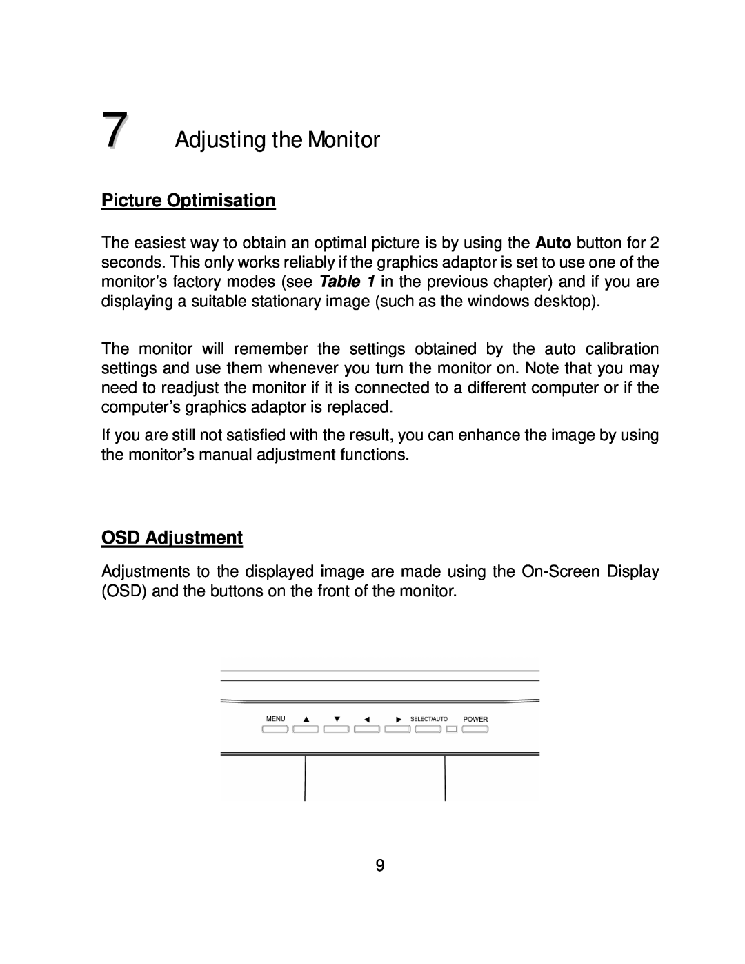 AOC LM740 user manual Adjusting the Monitor, Picture Optimisation, OSD Adjustment 