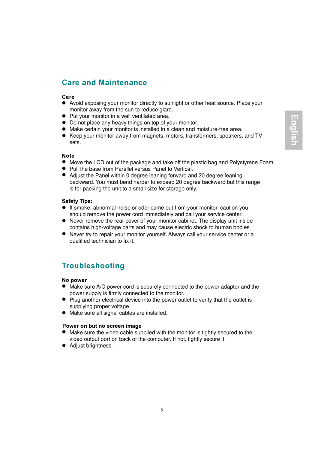 AOC LM742 manual Care and Maintenance, Troubleshooting 