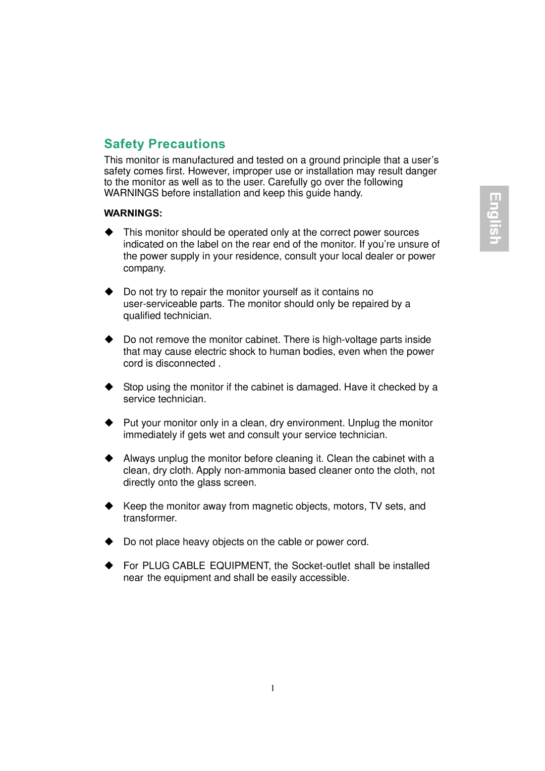 AOC LM742 manual Safety Precautions 