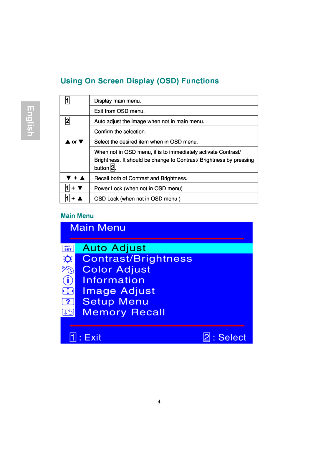 AOC LM742 manual Using On Screen Display OSD Functions, English, Main Menu, V or W 