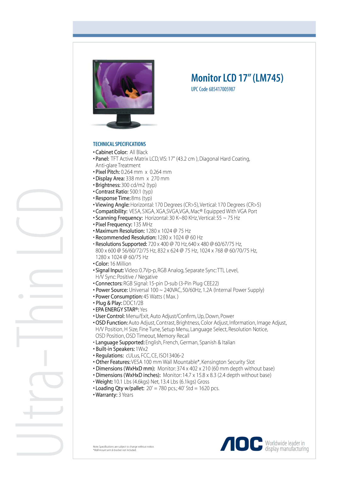 AOC technical specifications Ultra-Thin LCD, Monitor LCD 17 LM745, UPC Code, Technical Specifications 