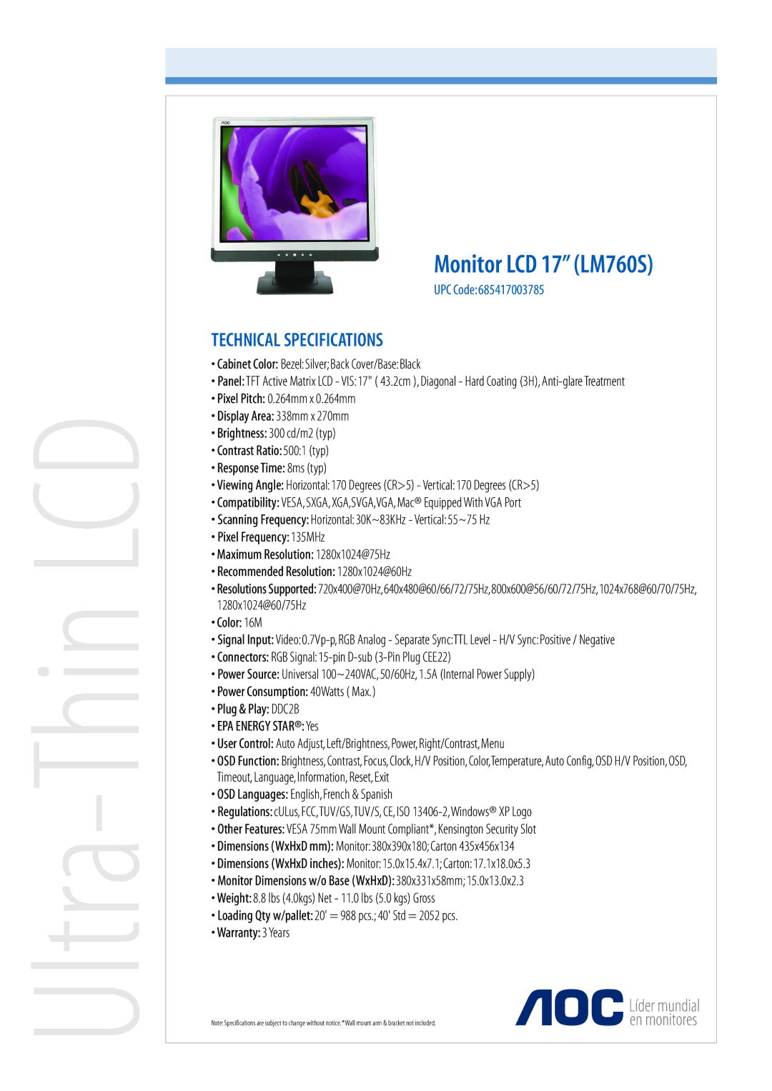 AOC technical specifications Ultra-Thin LCD, Monitor LCD 17 LM760S, Technical Specifications 