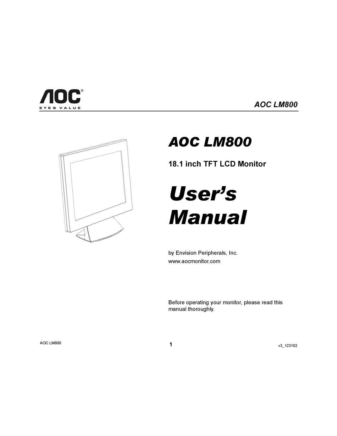 AOC LM800 user manual User’s Manual, Inch TFT LCD Monitor 