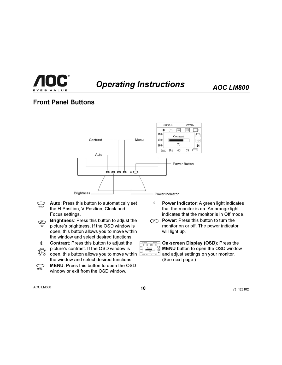 AOC LM800 user manual Operating Instructions, Front Panel Buttons 