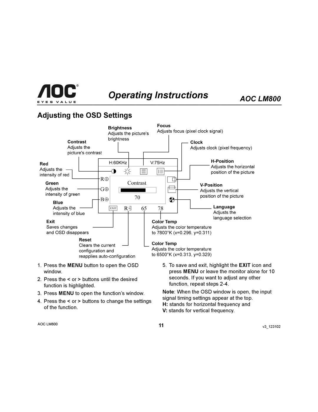 AOC LM800 user manual Adjusting the OSD Settings 