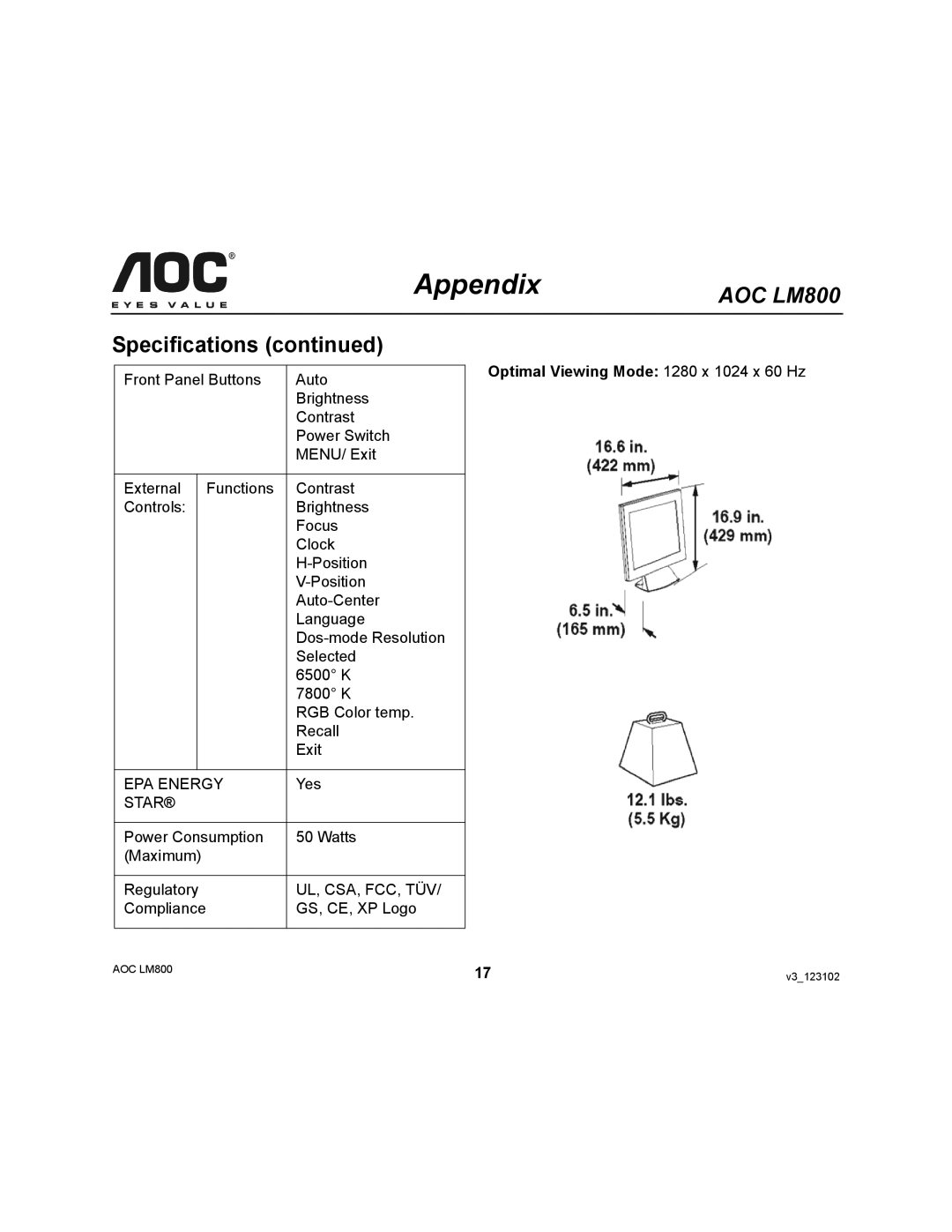 AOC LM800 user manual Optimal Viewing Mode 1280 x 1024 x 60 Hz 