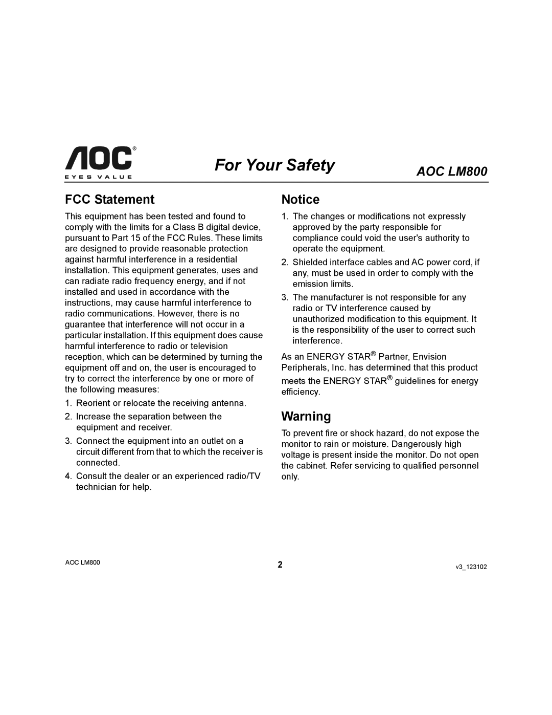 AOC LM800 user manual For Your Safety, FCC Statement 