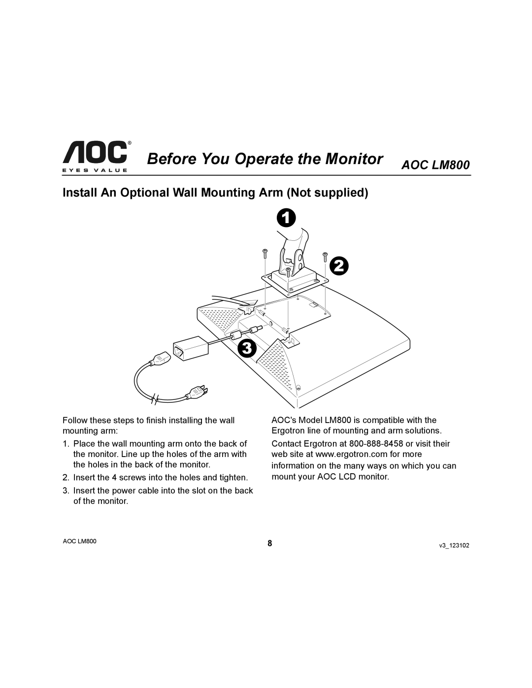 AOC LM800 user manual Install An Optional Wall Mounting Arm Not supplied 