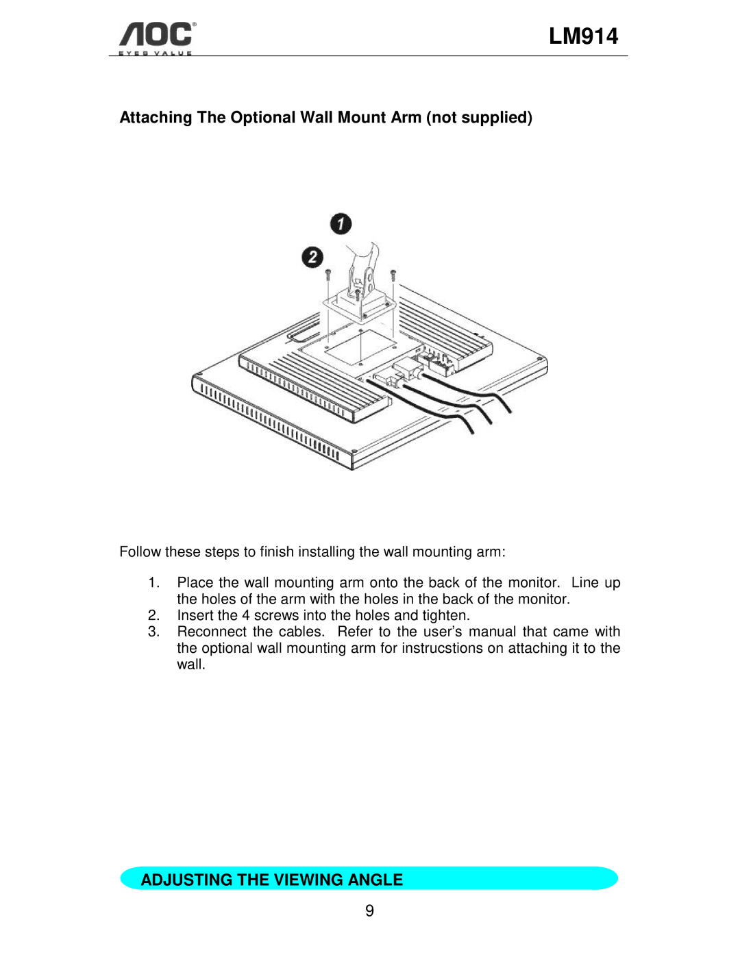 AOC LM914 user manual Attaching The Optional Wall Mount Arm not supplied, Adjusting the Viewing Angle 