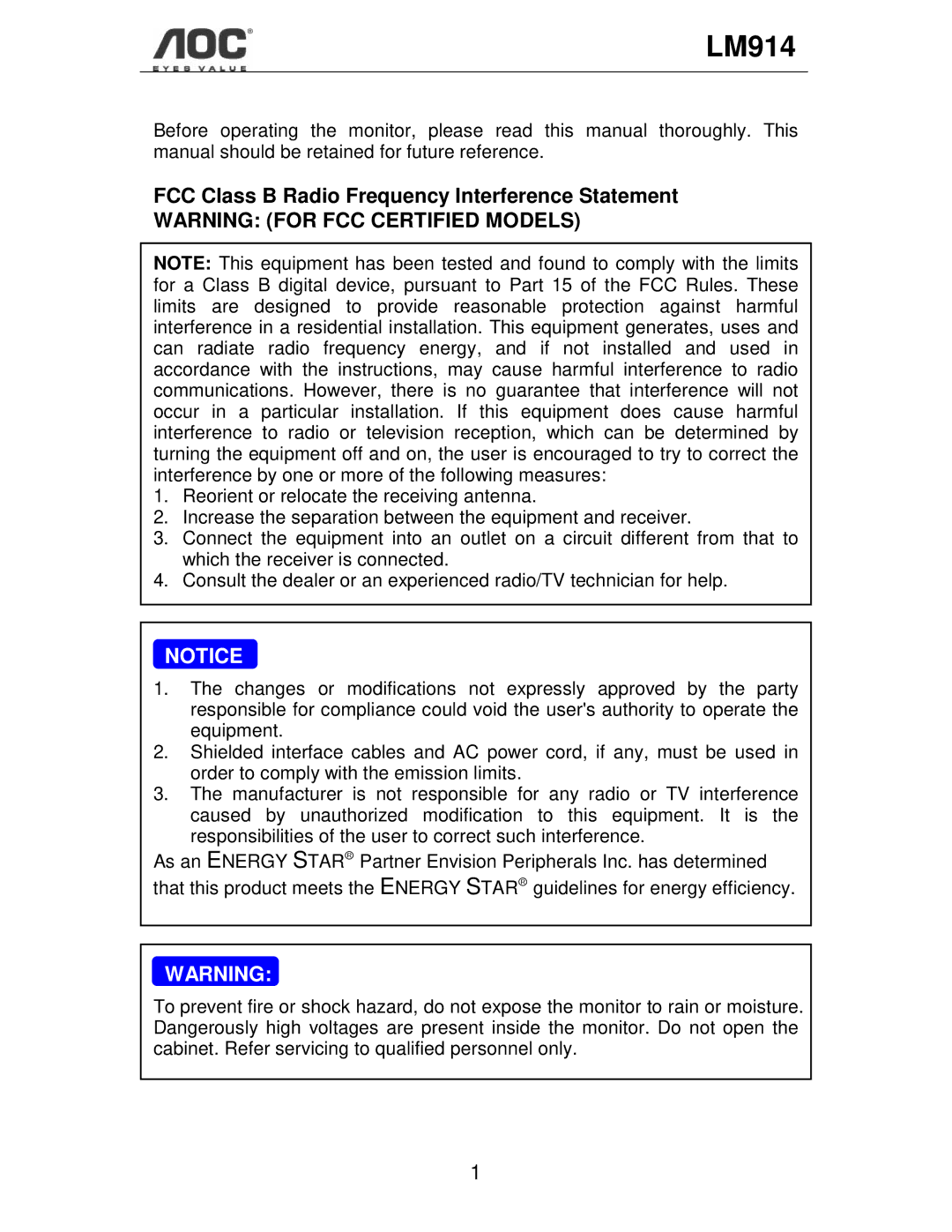 AOC LM914 user manual FCC Class B Radio Frequency Interference Statement 