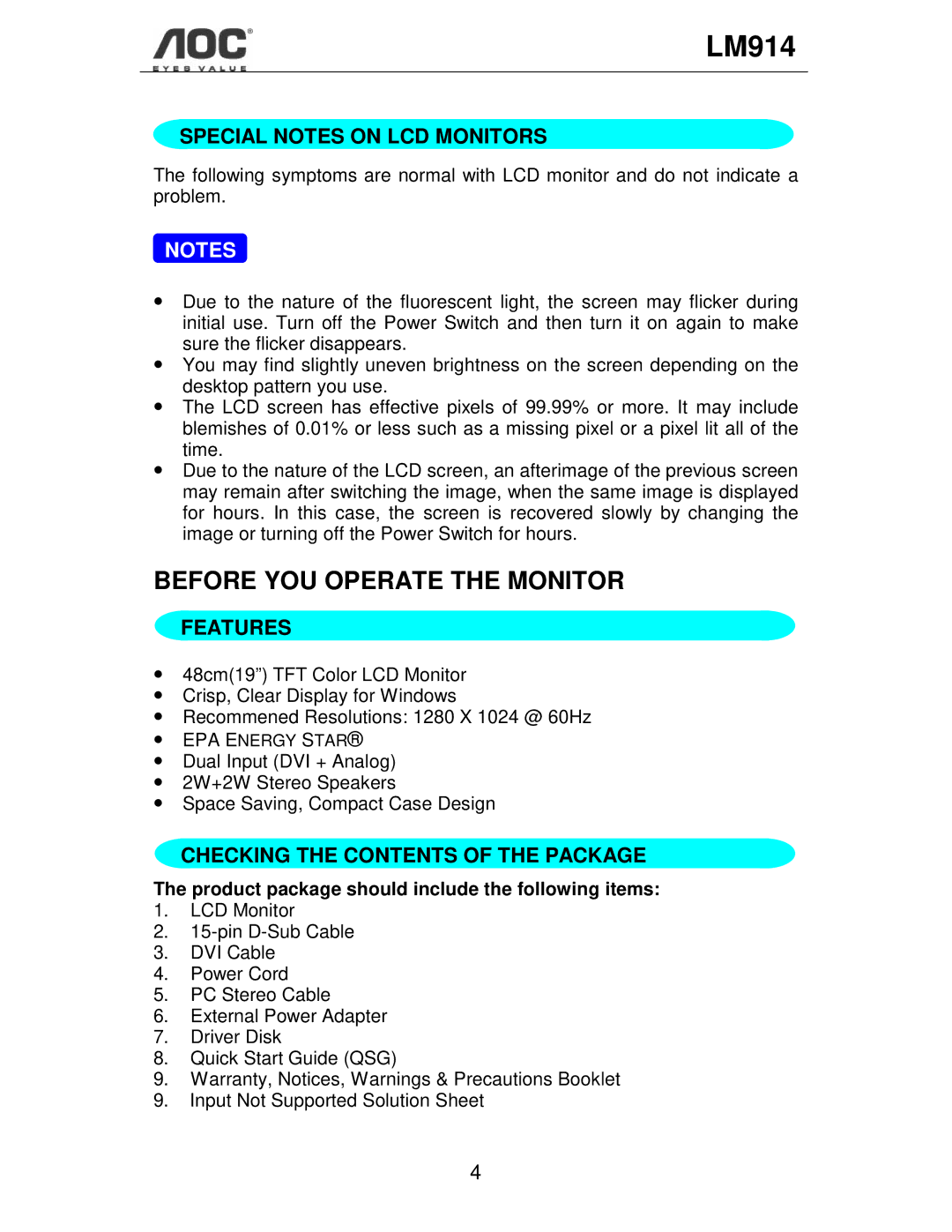 AOC LM914 user manual Special Notes on LCD Monitors, Features, Checking the Contents of the Package 