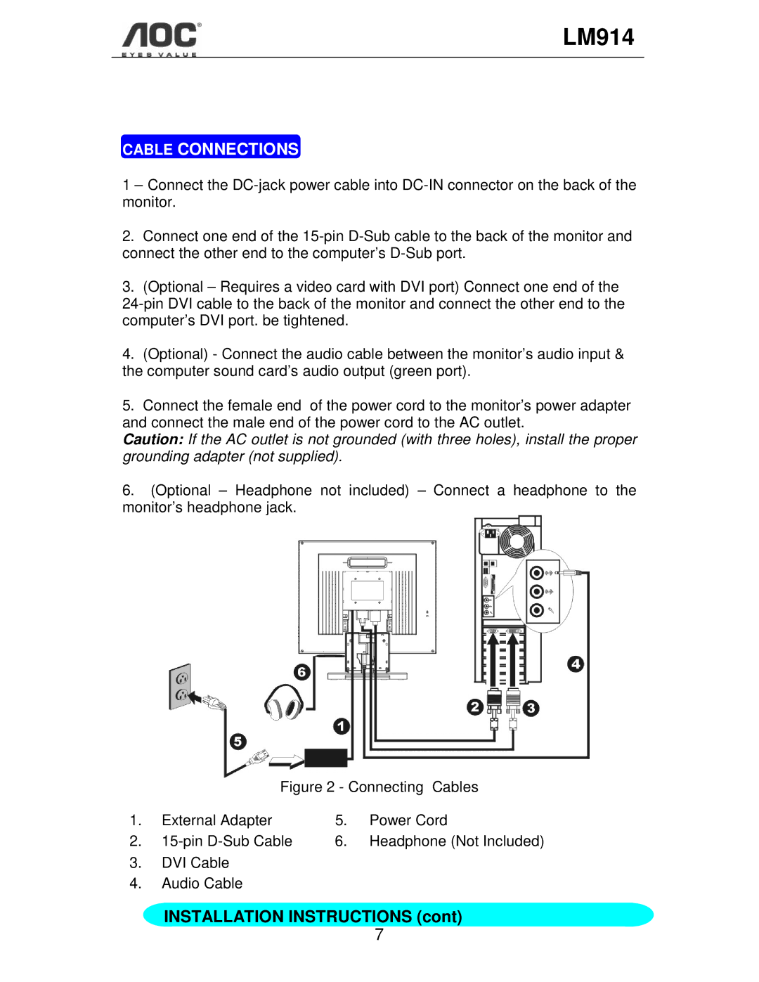 AOC LM914 user manual Cable Connections, Installation Instructions 