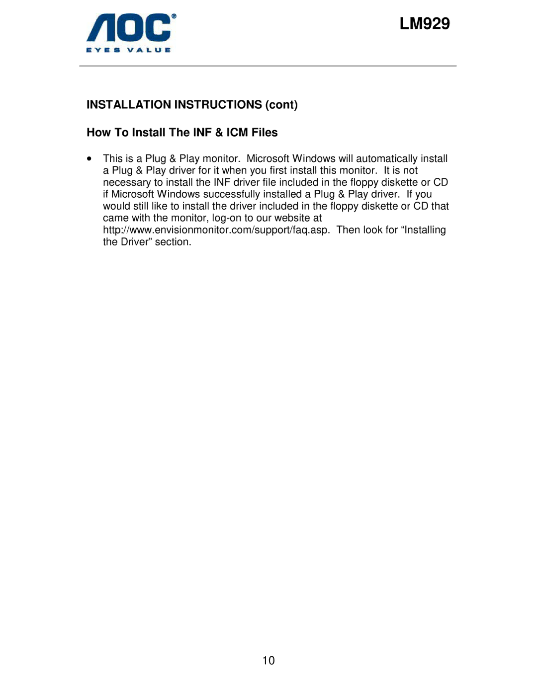 AOC LM929 user manual Installation Instructions How To Install The INF & ICM Files 