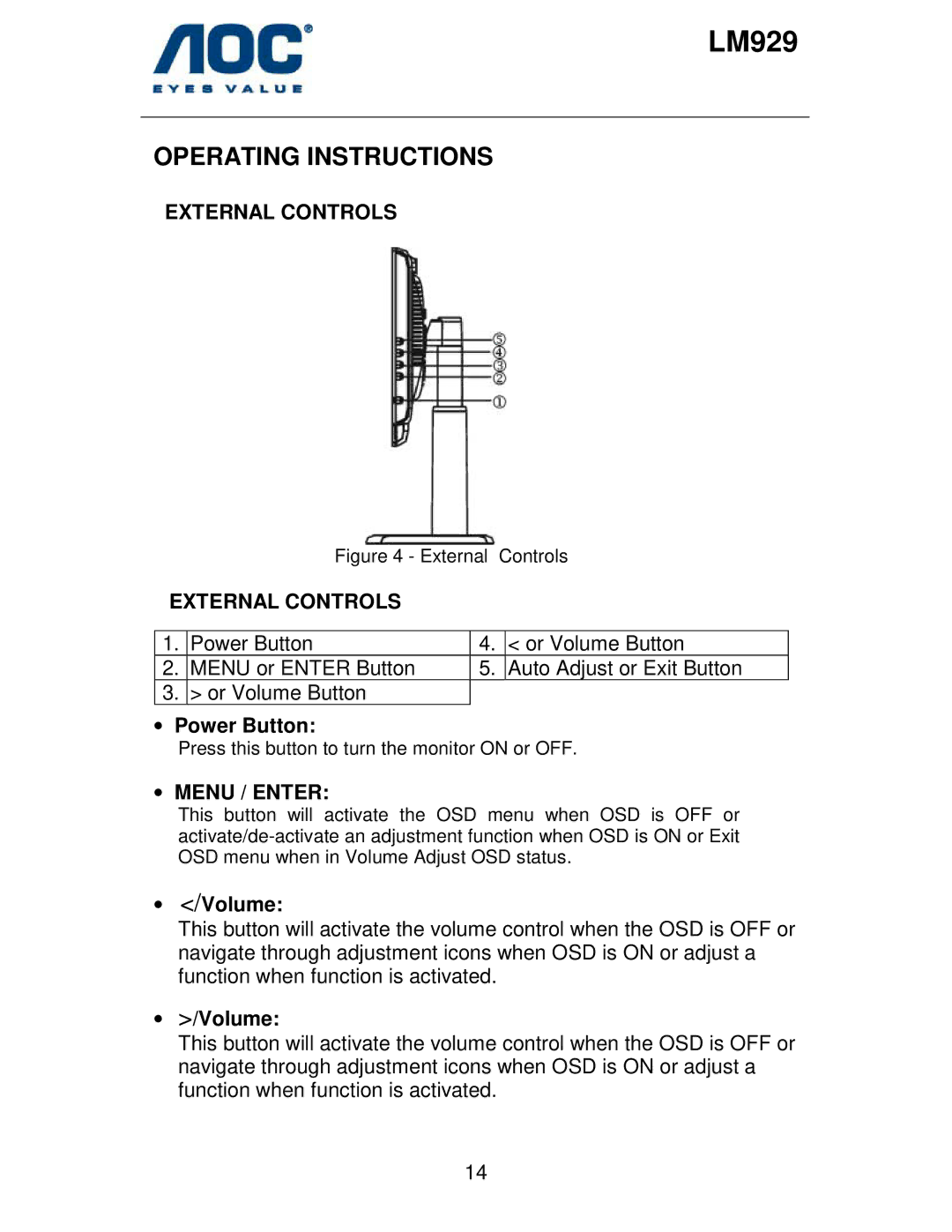 AOC LM929 user manual Operating Instructions, External Controls, Power Button, Menu / Enter, Volume 