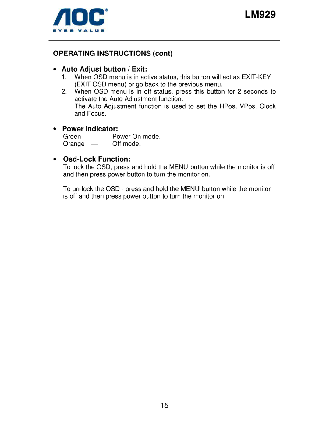 AOC LM929 user manual Operating Instructions Auto Adjust button / Exit, Power Indicator, Osd-Lock Function 