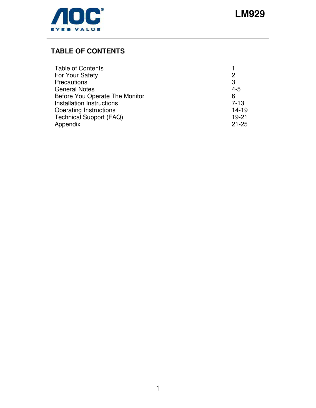 AOC LM929 user manual Table of Contents 