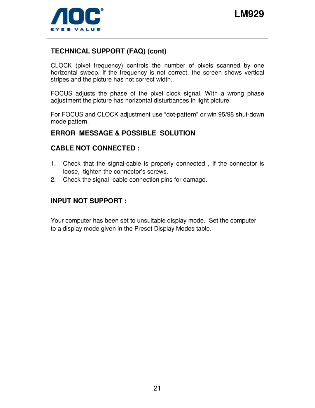 AOC LM929 user manual Technical Support FAQ, Error Message & Possible Solution Cable not Connected, Input not Support 