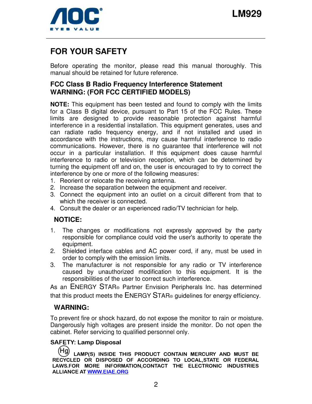 AOC LM929 user manual For Your Safety, FCC Class B Radio Frequency Interference Statement 