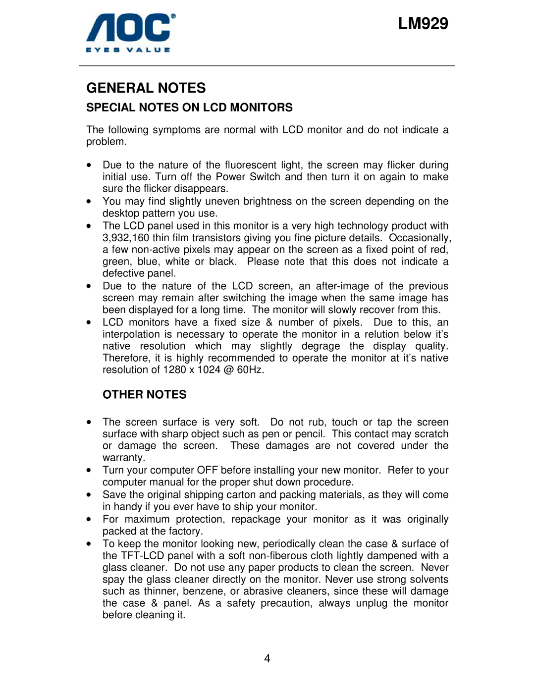 AOC LM929 user manual General Notes, Special Notes on LCD Monitors, Other Notes 