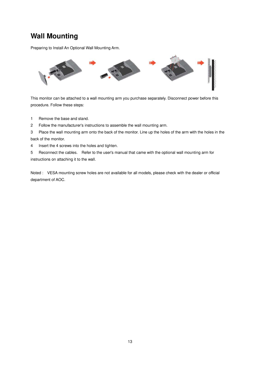 AOC N2041S manual Wall Mounting 