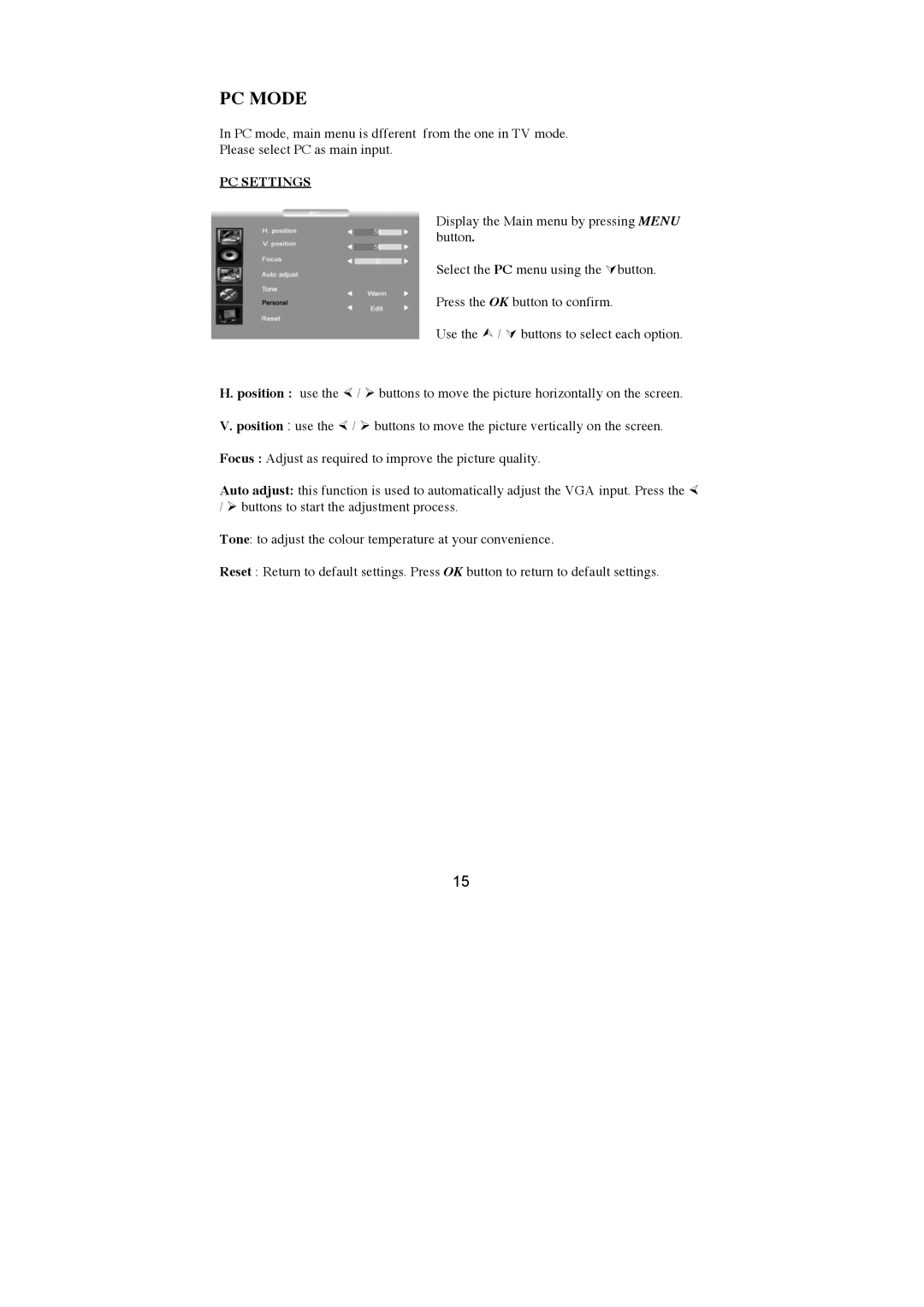 AOC N32W551T, N27W551T user manual PC Mode, PC Settings 