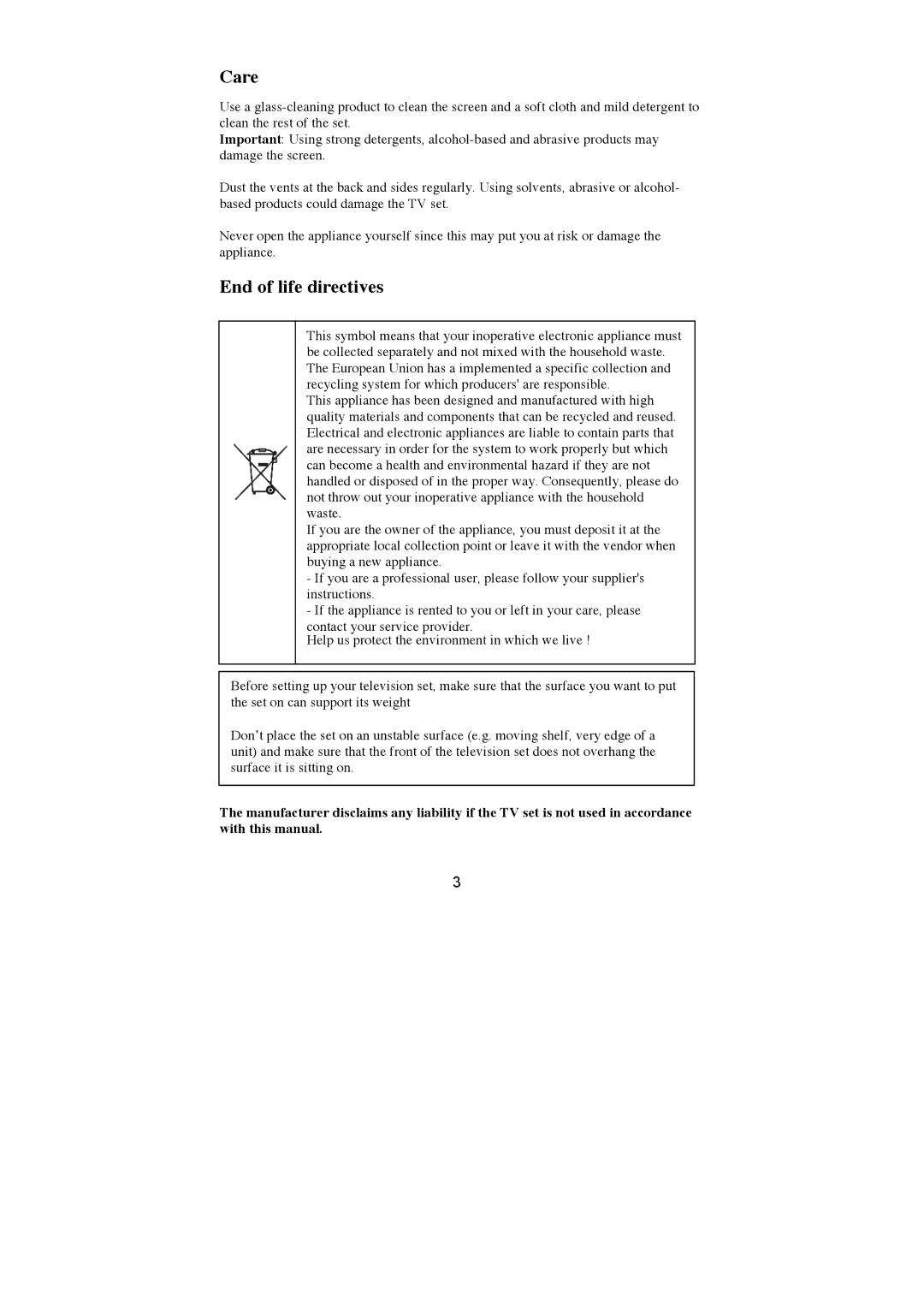 AOC N32W551T, N27W551T user manual Care 