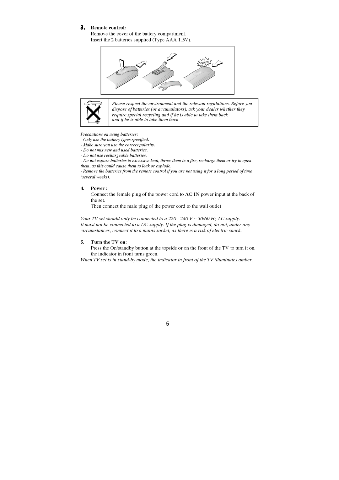 AOC N32W551T, N27W551T user manual Remote control, Power, Turn the TV on 