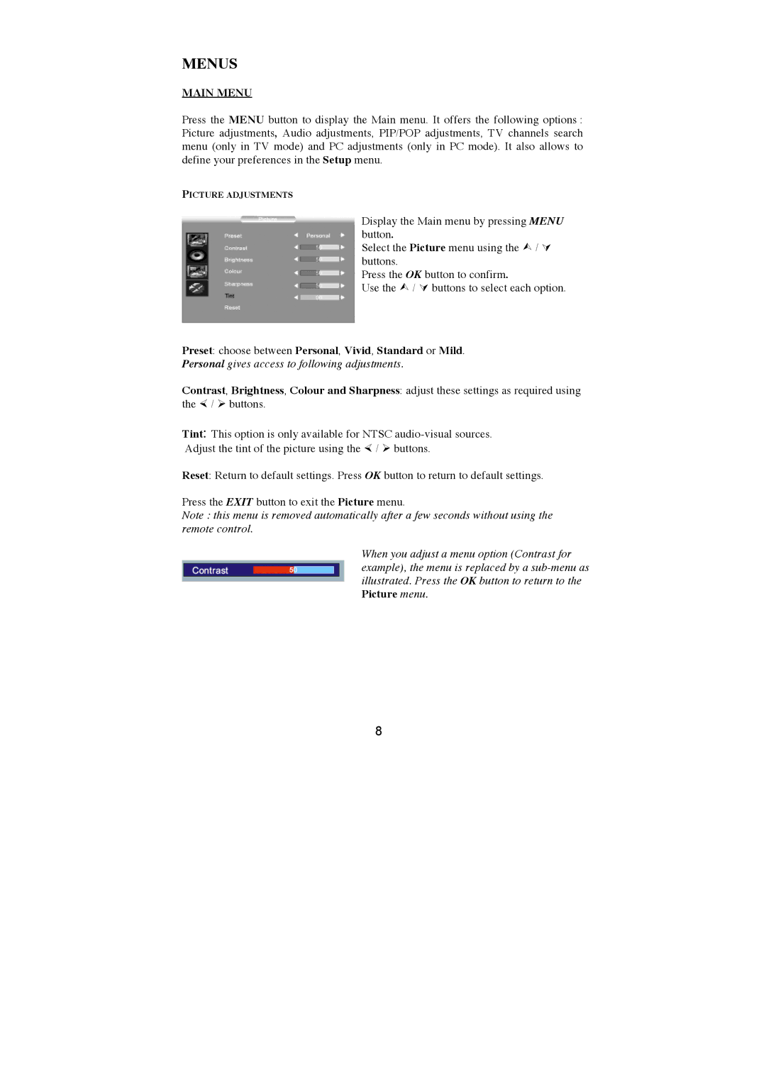 AOC N27W551T, N32W551T user manual Menus, Main Menu, Preset choose between Personal, Vivid, Standard or Mild 