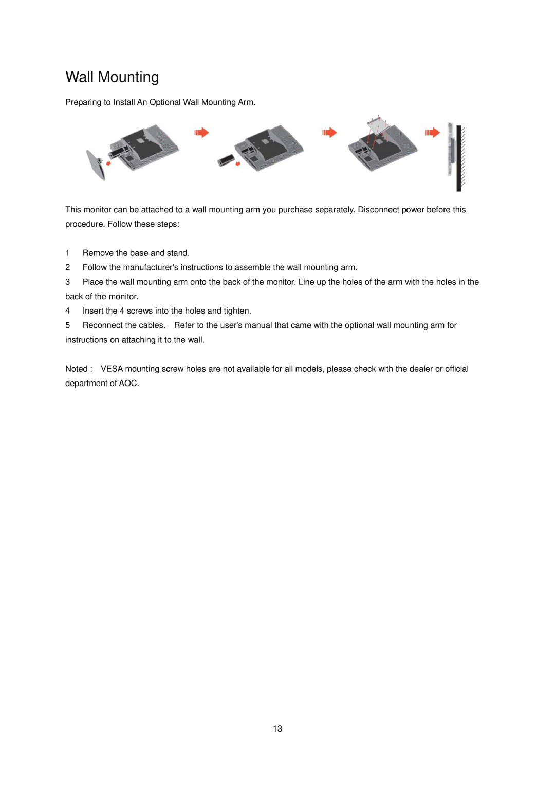 AOC N941SW manual Wall Mounting 